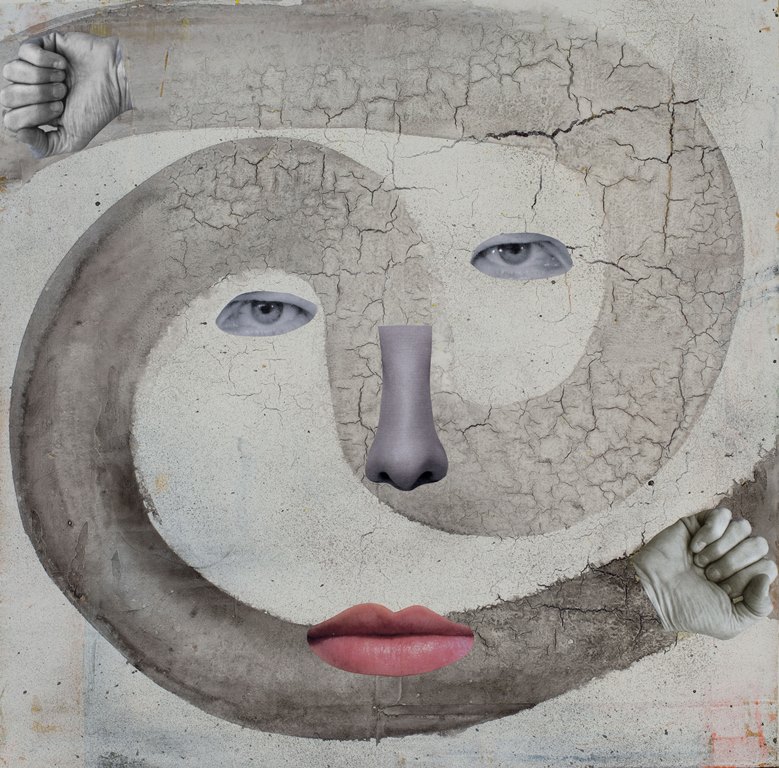 Angry Face mixed media collage by Holly Roberts